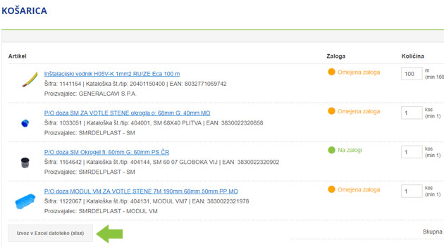 izvoz artiklov v excel